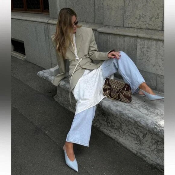 ZARA REAL LEATHER HEELED SLINGBACK KITTEN HEEL LEATHER SHOE - Picture 9 of 11